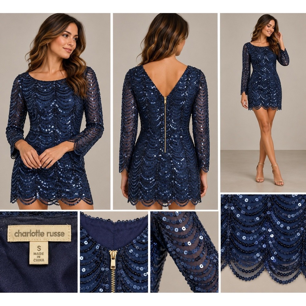 Charlotte Russe Sequin Dress Womens S Navy Excellent Indie Sleaze Mob Wife Mini
